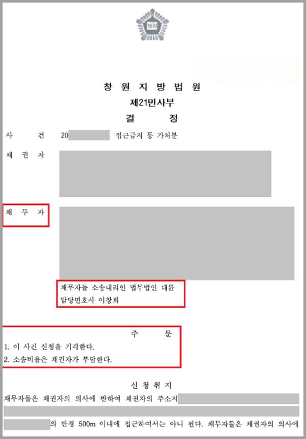 의뢰인의 아버지가 돌아가시자 의뢰인 형제자매는 상속재산에 대한 마찰이 있었는데요. 상속받아야 할 토지가 oo시 사업부지에 편입 수용되면서 보상금이 발생하자 합의점을 더욱 찾지 못한 채 분쟁은 커져갔습니다. 상의를 위해 의뢰인들은 형의 집을 찾은 의뢰인들에 대해 접근금지 등 가처분을 신청한 사건입니다.