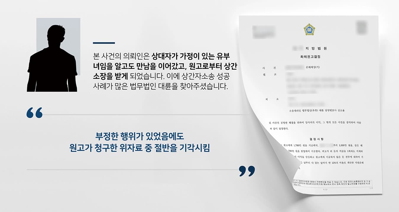 본 사건의 의뢰인(피고)은 상대자가 가정이 있는 유부녀인 것을 알고도 만남을 이어나갔습니다. 결국 외도 사실이 우연한 계기로 원고에게 발각되었고, 의뢰인은 원고로부터 상간 소장을 받게 되었습니다. 의뢰인은 상대자가 혼인 상태라는 것을 인지하고 있었으며, 원고 부부의 혼인 파탄에 관한 일정 부분 책임이 있으므로 이에 대한 수천만 원의 위자료를 청구당하게 되었습니다. 의뢰인께서는 상간자라는 낙인이 찍히고, 수천만 원의 위자료를 물어내야 하는 상황에 놓이게 되자 상간자소송 성공사례가 많은 법무법인 대륜을 찾아주셨습니다. 