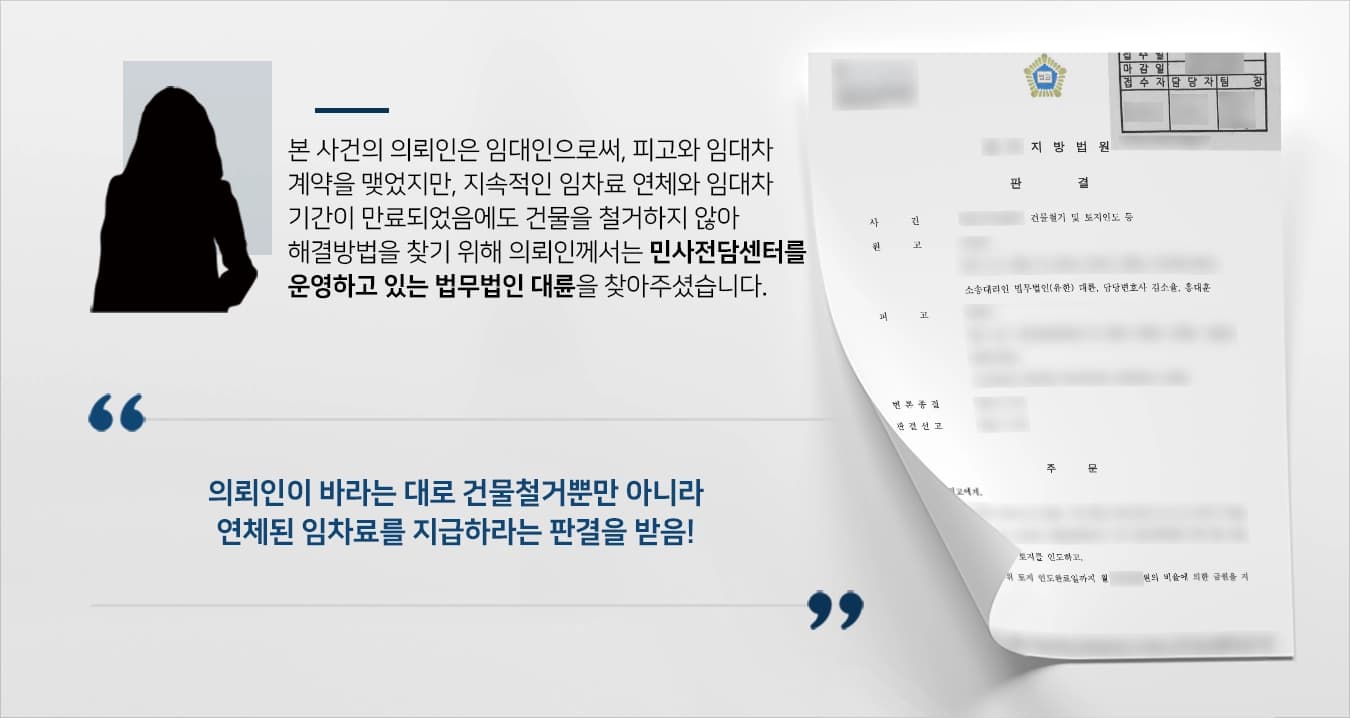 본 사건의 의뢰인은 임대인으로써, 피고와 임대차계약을 체결하였습니다.계약할 당시 임대차계약이 만료되거나 임차료의 연체 등으로 계약이 해약되었을 때, 피고의 비용으로 설치한 지상물의 시설물들을 모두 철거하고 원상복구한 다음 의뢰인에게 맡겨야 한다는 조항이 있습니다.또한 임대차기간 동안에 피고는 의뢰인에게 임차료를 지급해야 한다는 조항이 있지만, 상당한 연체 금액이 쌓여 있는 상태이고 계약기간이 끝났음에도 건물을 철거하지 않고 있어 의뢰인께서 난처한 상황이었습니다.의뢰인은 건물철거와 동시에 이전에 연체된 임차료를 모두 받기 위해서 민사전문변호사가 있는 법무법인 대륜을 찾아주셨습니다.