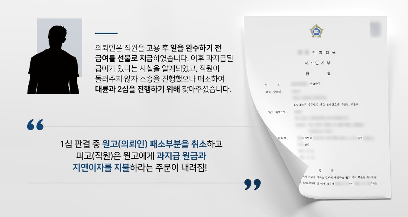 본 사건의 의뢰인께서는 직원을 배려하여 급여를 선지급하였으나, 향후 정산과정에서 직원이 자신이 한 일에비해 과도한 임금을 받아갔다는 사실을 알게 되었습니다.해당 직원에게 차액을 반환해줄것을 부탁했지만, 직원은 정당한 임금이라 주장하였는데요. 의뢰인께서는 이를 되찾기 위해 소송을 진행했으나, 1심에서는 청구금액 중 일부는 인정받지 못했다고 합니다.손해를 전부 회복하기 위해서 민사전문변호사가 있는 법무법인 대륜에 항소심을 의뢰해주셨습니다.