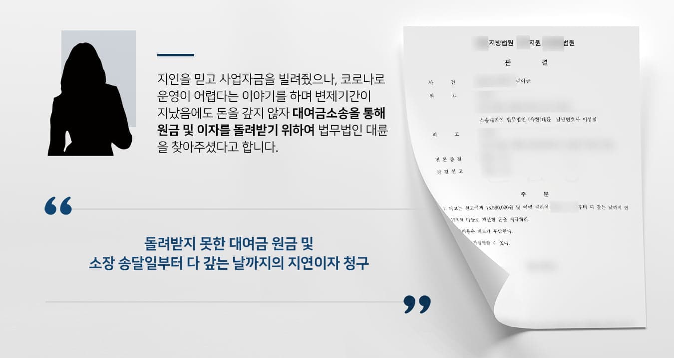 의뢰인은 지인으로부터 사업을 함께 하자는 제안을 받았지만, 사업계획서 검토 후 참여하지 않기로 결정했습니다.그러나 의뢰인의 지인은 혼자 사업자금을 마련하기 어려우니 동업이 힘들다면 자금이라도 빌려달라는 부탁을 하였고, 의뢰인은 차용증을 작성하는 조건으로 지인 부부에게 수천만원을 대여해 주었습니다.수개월간은 약정한 내용대로 대여금 변제가 이뤄졌으나, 이후 나머지는 돌려받지 못하였습니다.지인은 의뢰인에게  '코로나로 인해 사업이 힘드니 기다려달라'는 말만 되풀이하다 급기야 연락이 두절되었는데요. 남은 돈을 조금이라도 되찾기 위해 대여금소송 성공사례가 많은 법무법인 대륜을 찾아주셨다고 합니다.