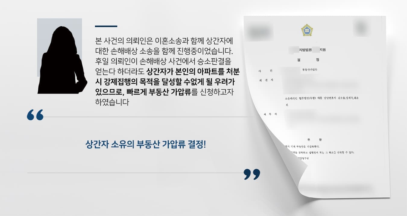본 사건의 의뢰인은 이혼소송과 함께 상간자에 대한 손해배상 소송을 함께 진행중이었습니다. 후일 의뢰인이 손해배상 사건에서 승소판결을 얻는다하더라도 상간자(채무자)가 본인의 아파트를 처분할 경우 강제집행의 목적을 달성할 수없게 될 우려가 있으므로, 빠르게 부동산 가압류를 신청하고자 하였습니다