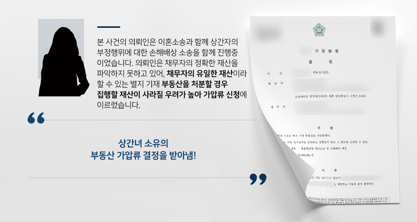 본 사건의 의뢰인은 이혼소송과 함께 상간녀의 부정행위에 대한 손해배상 소송을 함께 진행중이었습니다.  의뢰인은 채무자의 정확한 재산 내역을 파악하지 못하고 있어, 채무자의 유일한 재산이라 할 수 있는 별지 기재 부동산을 처분할 경우 집행할 재산이 사라질 우려가 높아 가압류 신청에 이르렀습니다.