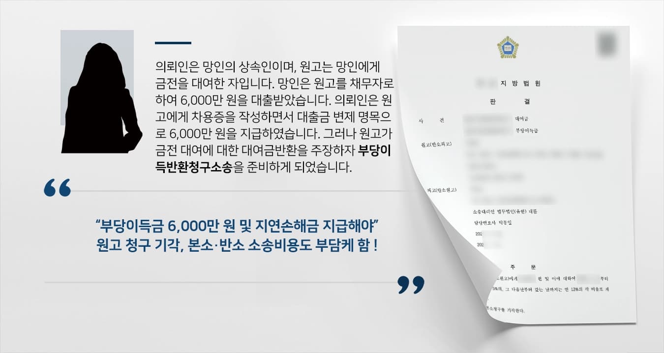 의뢰인은 망인의 상속인이며, 원고는 망인에게 금전을 대여한 자입니다. 망인은 원고를 채무자로 하여 6,000만 원을 대출받았습니다. 의뢰인은 원고에게 차용증을 작성하면서 대출금 변제 명목으로 6,000만 원을 지급하였습니다. 그러나 원고가 금전 대여에 대한 대여금반환을 주장하자 부당이득반환청구소송을 준비하게 되었습니다. 