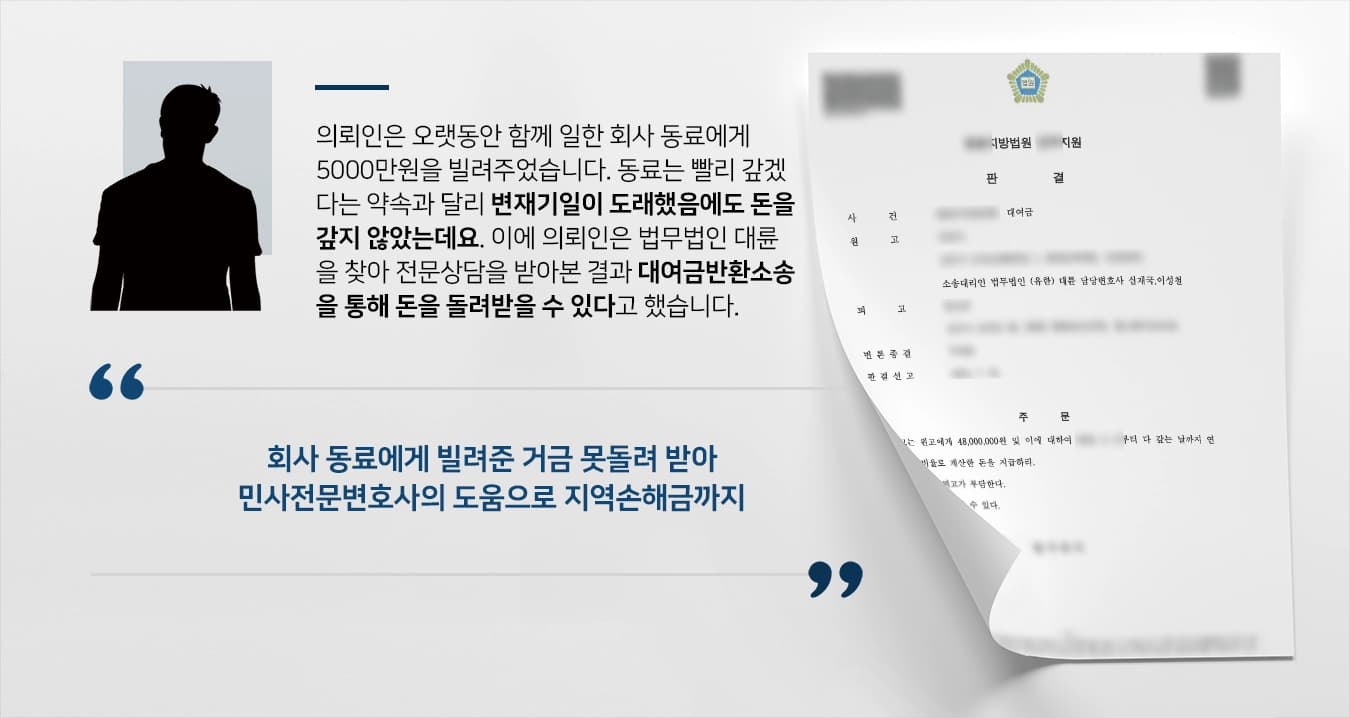 [대여금반환소송 성공] 변호사전담팀의 조력으로 대여금에서부터 지연손해금까지