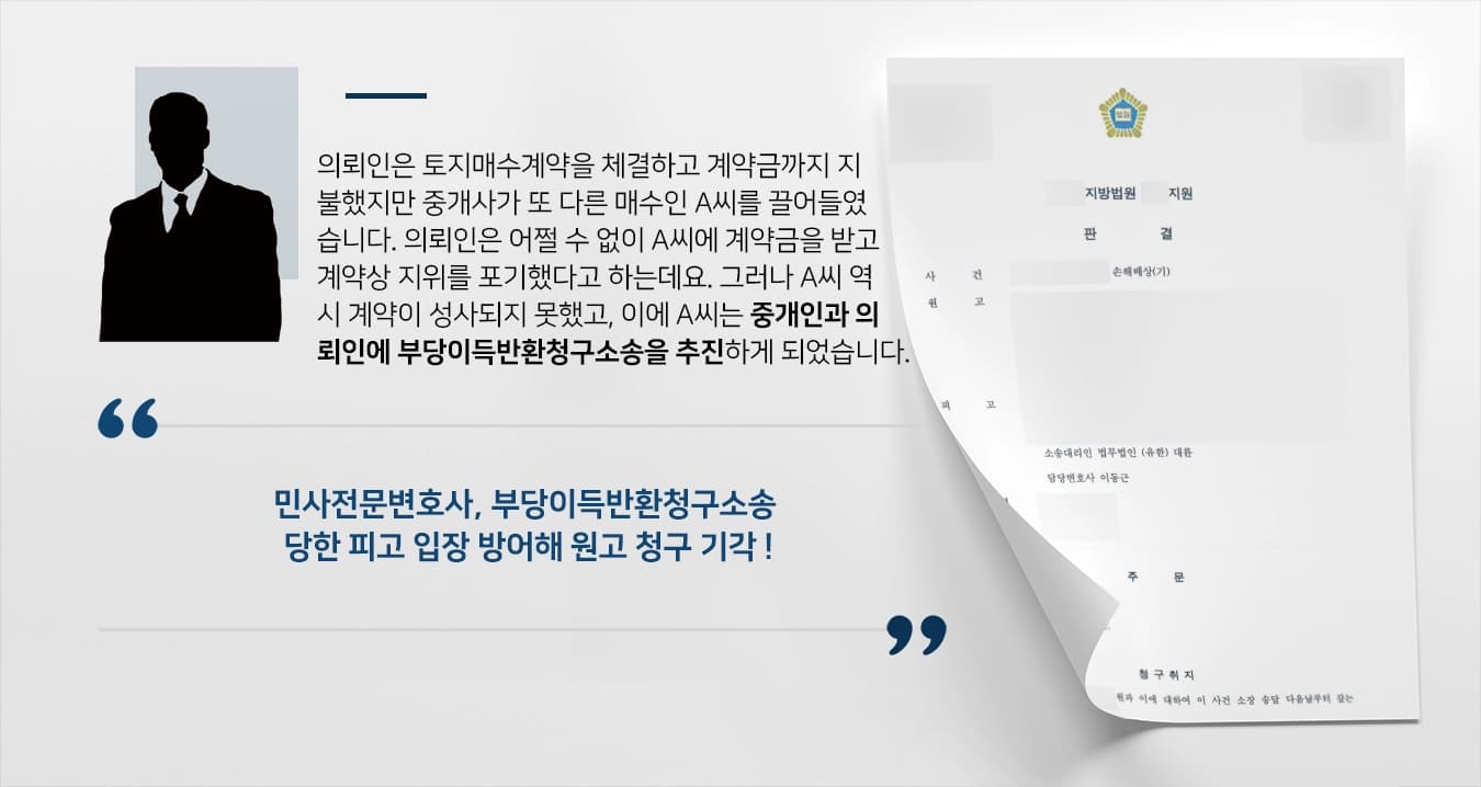 [부당이득반환청구소송 피고 입장 방어] 민사전문변호사 매매계약 완전하게 성립되지 않았음을 밝혀 원고 청구 기각