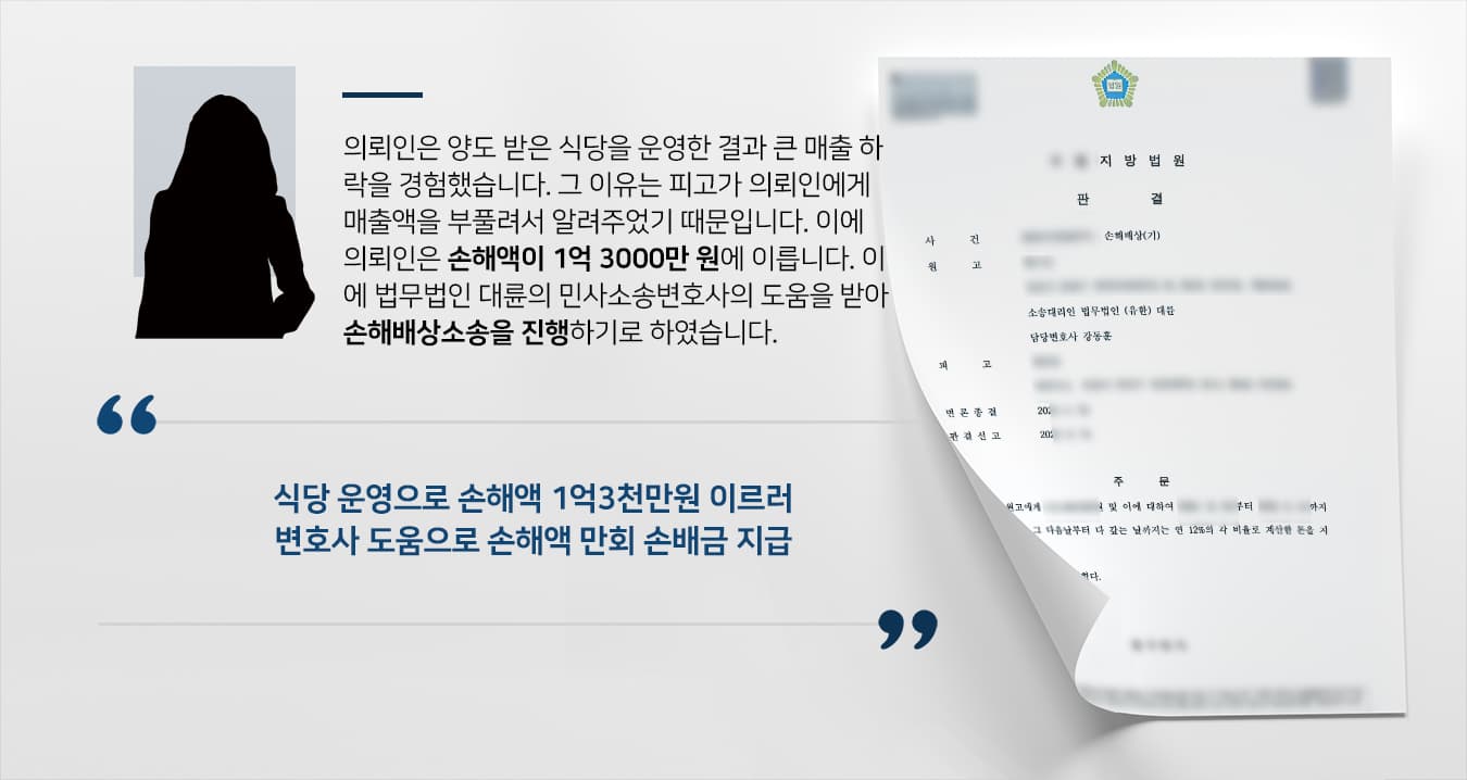 [손해배상청구소송 승소] 민사소송변호사 활약으로 재판부 억대 손해배상 지급 판결 