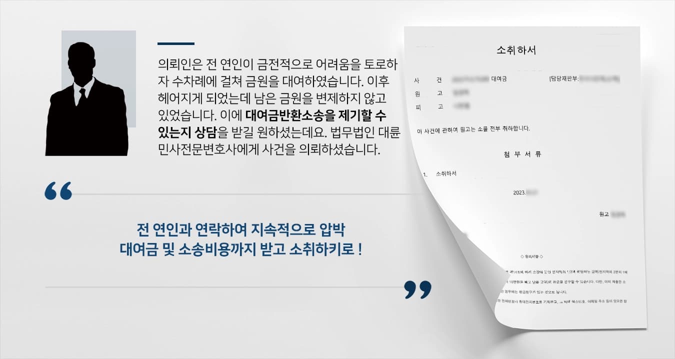 [대여금반환소송 조력] 민사전문변호사의 압박으로 대여금 및 소송비용까지 받고 소취하 결정