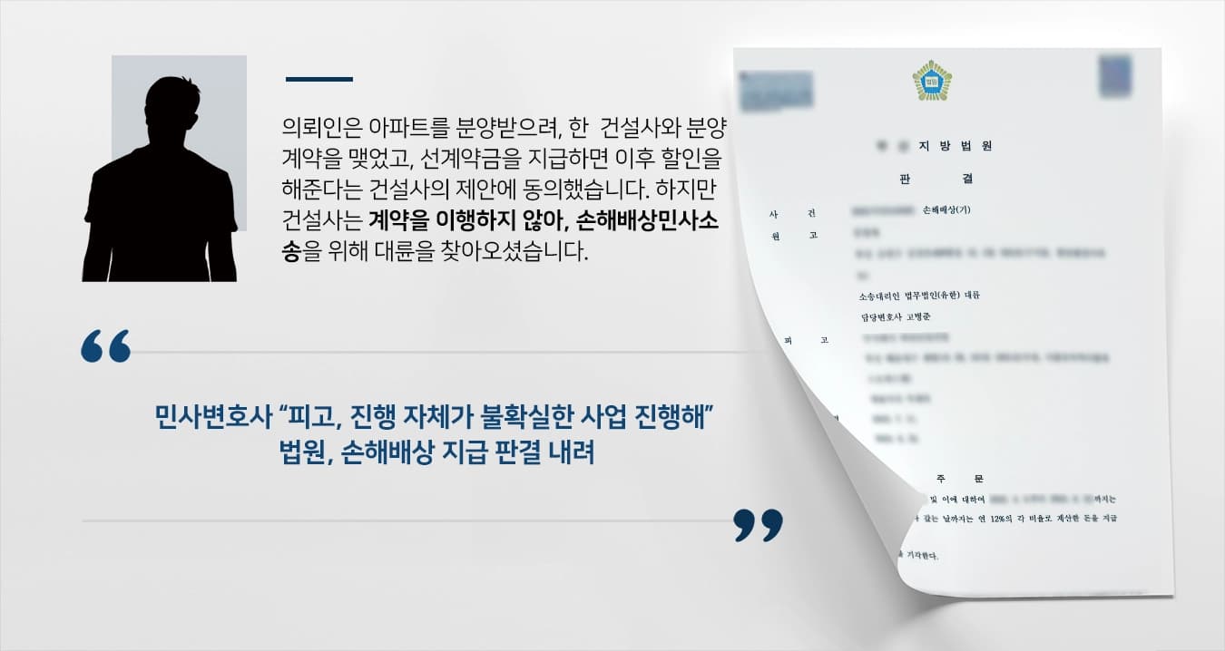 [손해배상민사소송 승소] 민사변호사의 조력으로 아파트분양 사기 계약금 돌려받아내 