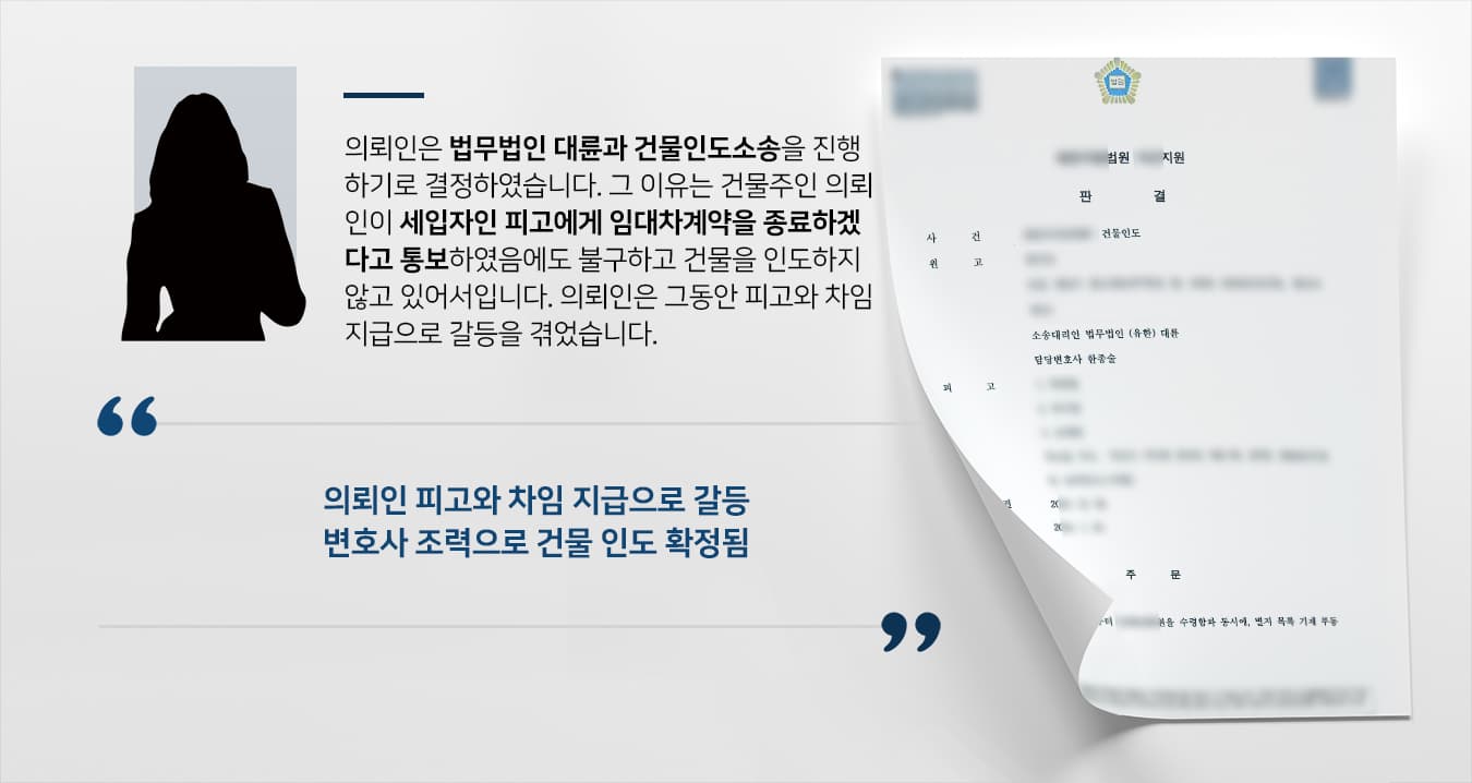 [민사변호사 해결사례] 임대차계약 종료된 세입자에 건물인도소송 승소하고 건물인도 받음