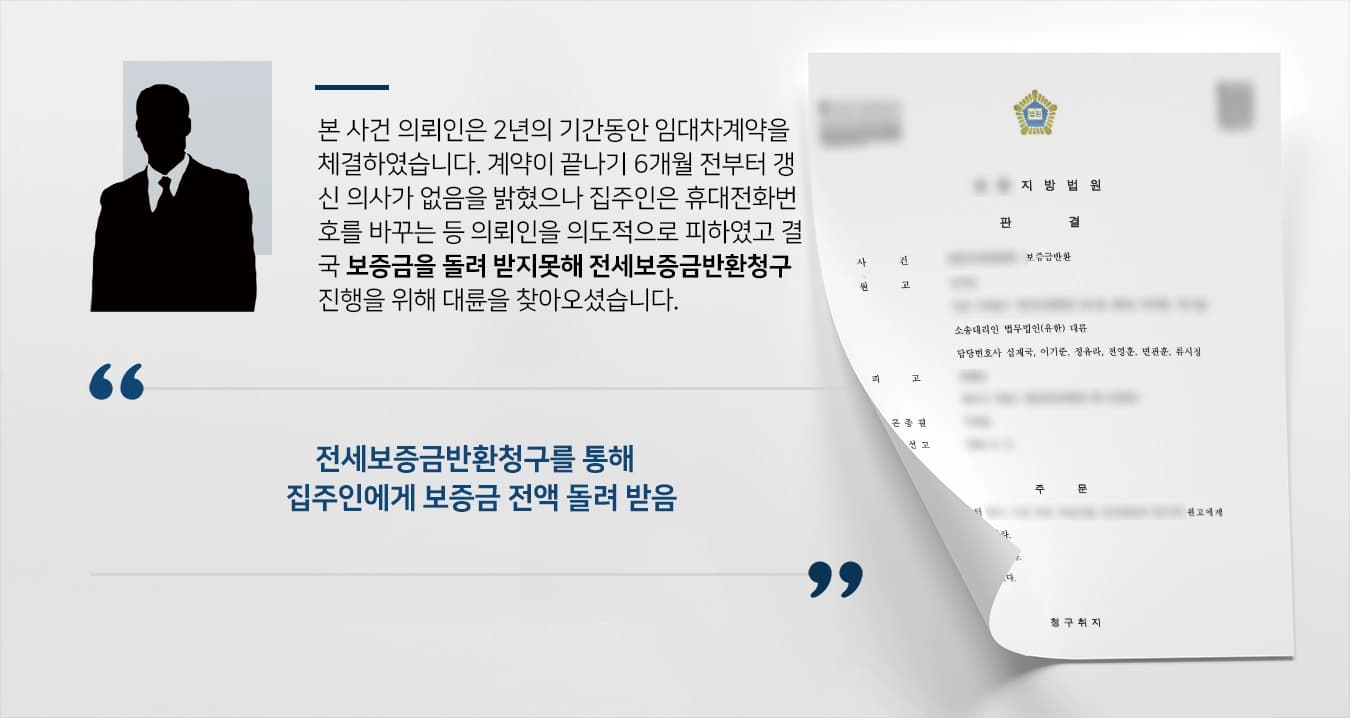 [전세보증금반환청구 승소사례] 전세보증금반환청구 승소하여 보증금 전액 받아냄