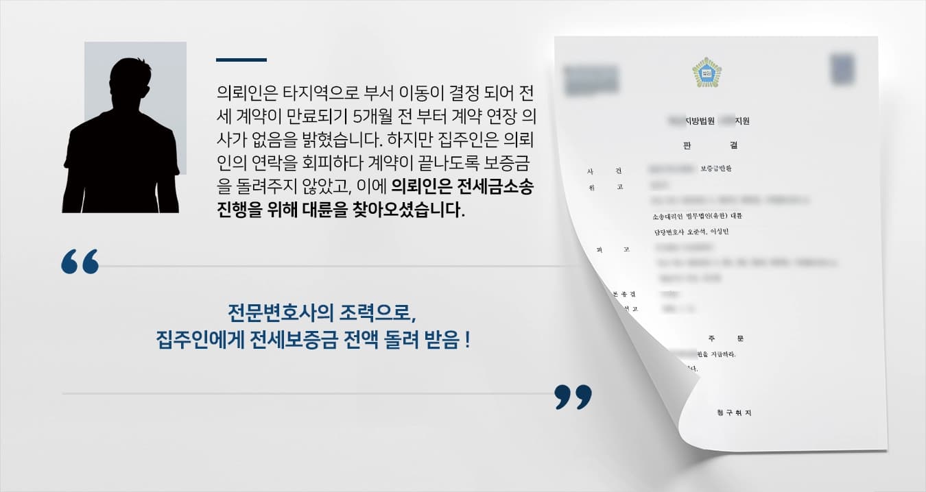 [전세금소송 성공사례] 집주인에게 보증금을 돌려 받지 못해 찾아온 의뢰인, 전세금소송으로 전액 돌려 받음